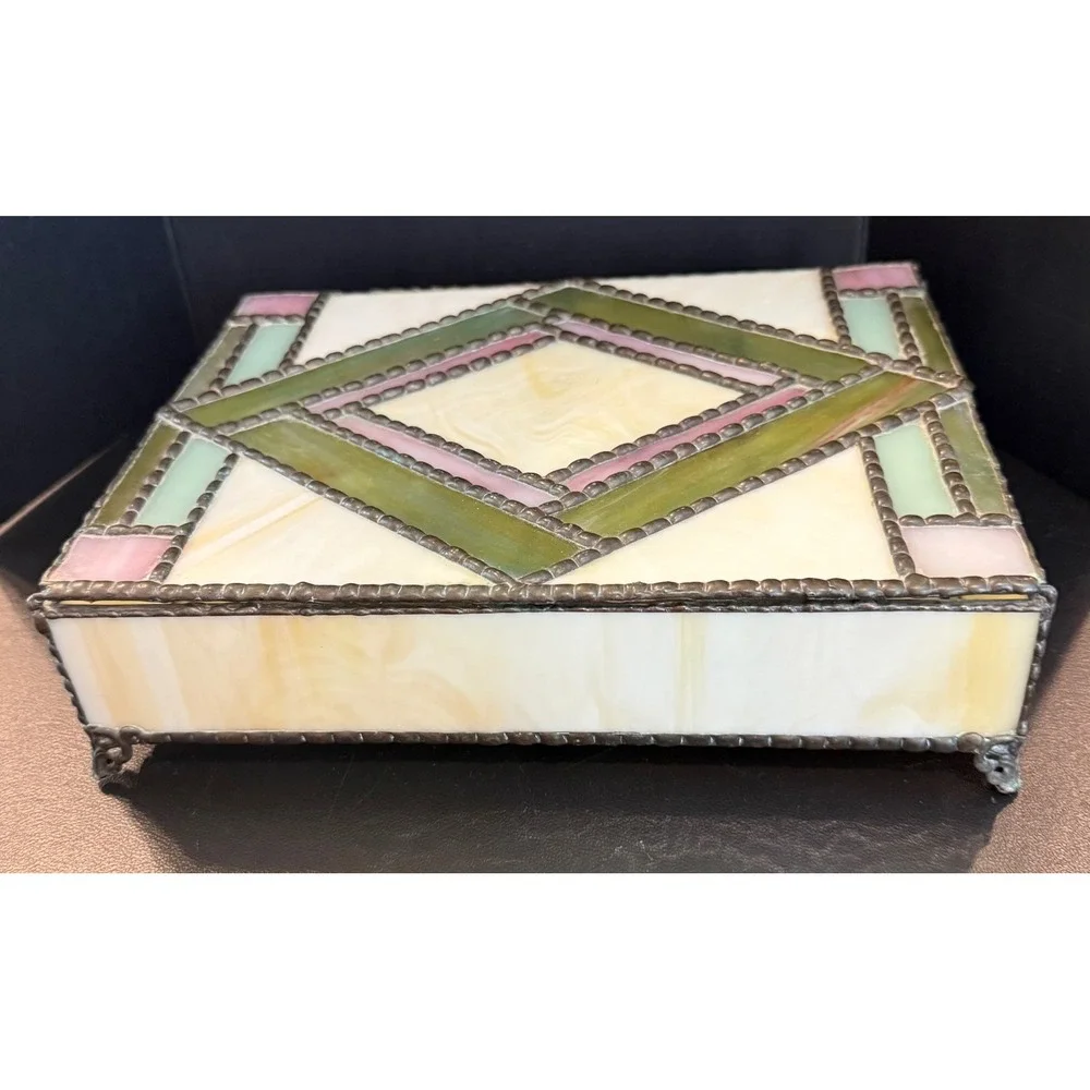 Handcrafted Large Jewelry Box Cream Green‎ Pink Stained Slag Glass Geometric